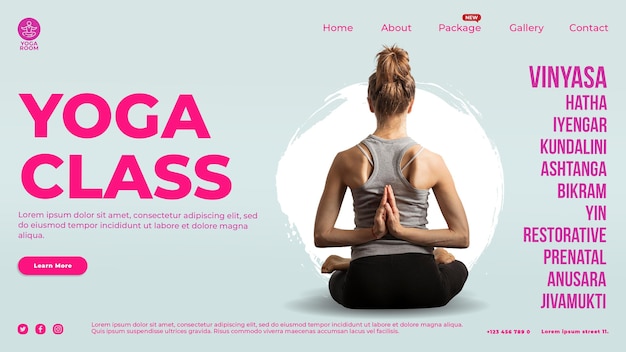 PSD gratuito modello di pagina di destinazione per lezione di yoga con donna