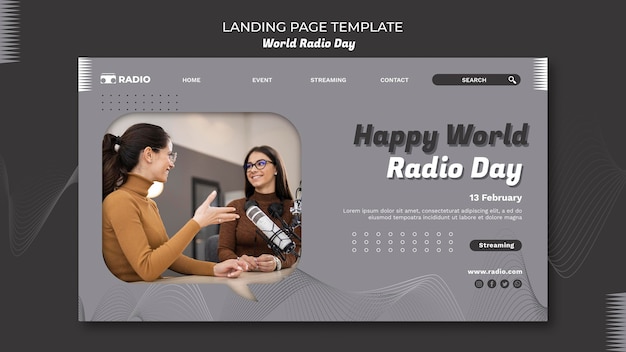 Free PSD landing page for world radio day with female broadcaster