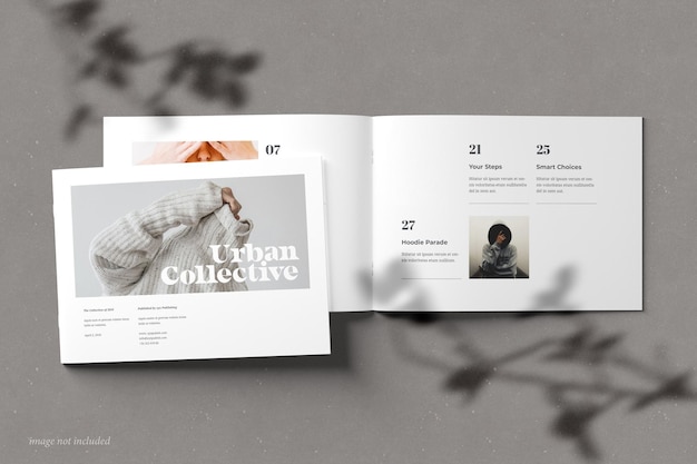Landscape brochure and catalog mockup cover top view