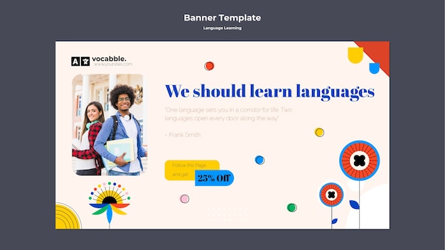 Шаблон горизонтального баннера языковых курсов с абстрактными цветами