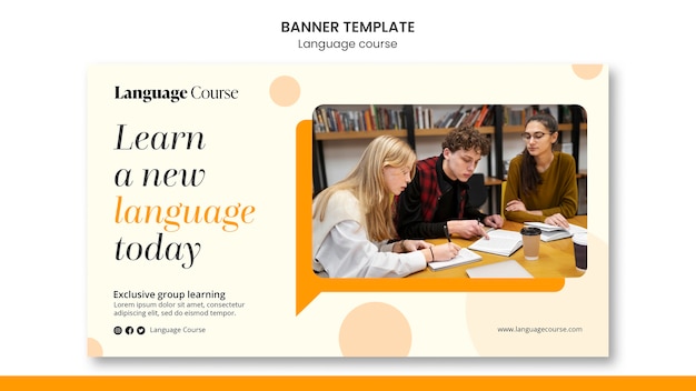 Language classes horizontal banner template with circles design