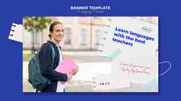 Free PSD language classes horizontal banner template with notebook pages