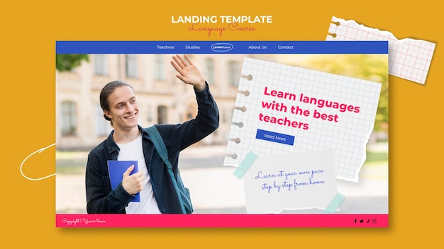 Free PSD language classes landing page template with notebook pages