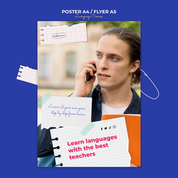 무료 PSD 노트북 페이지가 있는 언어 수업 수직 전단지 템플릿