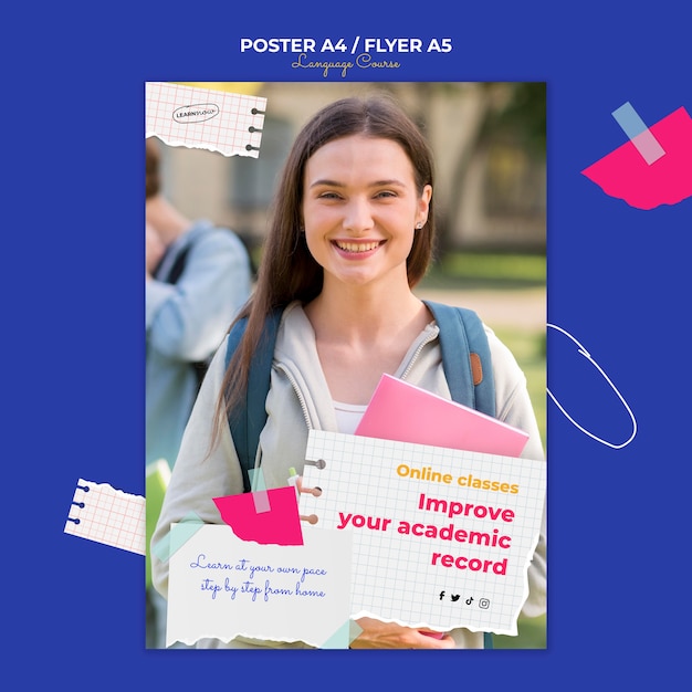 Free PSD vertical flyer template for language classes with notebook pages