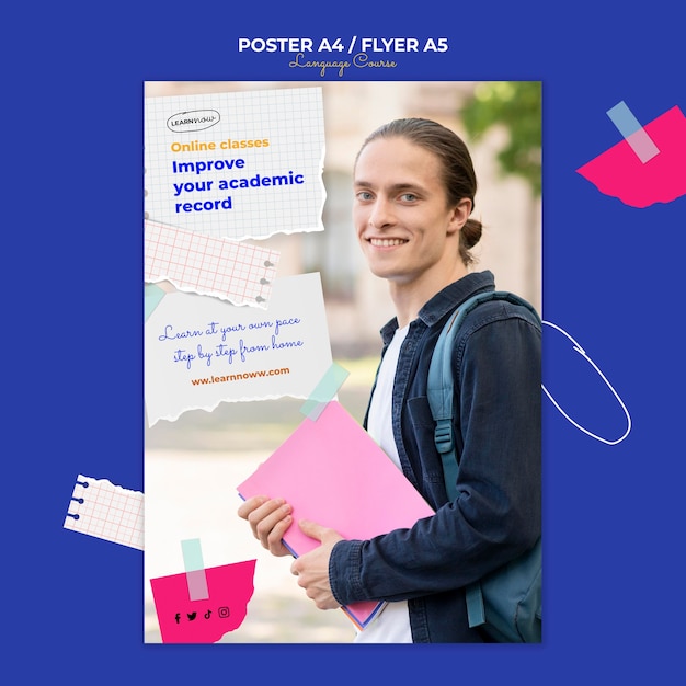 Language classes vertical flyer template with notebook pages