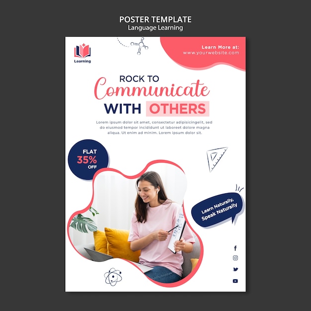 Free PSD language classes vertical poster template with abstract design