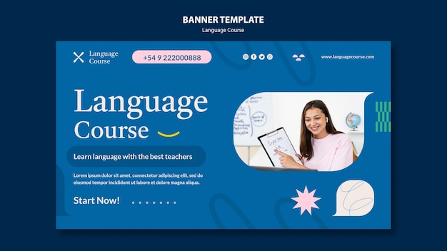 Language course horizontal banner template with abstract doodles