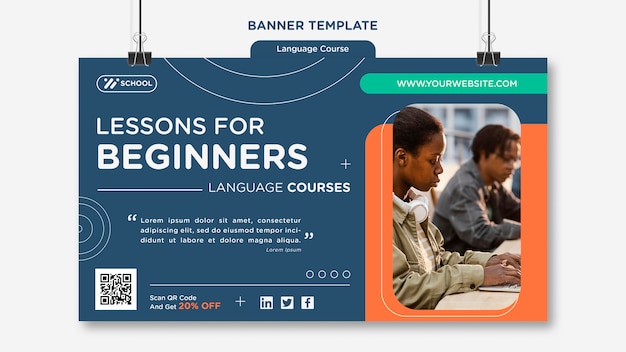 Free PSD language course horizontal banner template with geometric lines