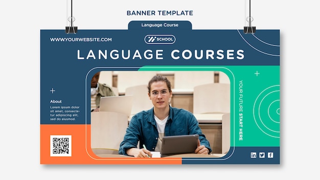 Language course horizontal banner template with geometric lines