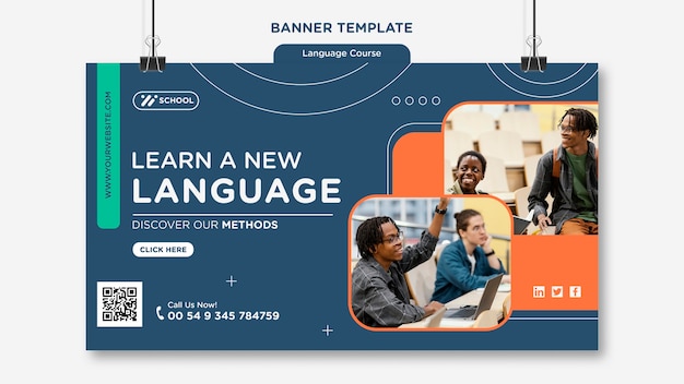 Language course horizontal banner template with geometric lines