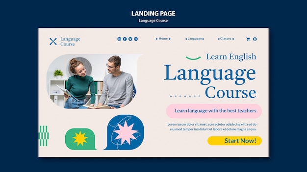 Free PSD language course landing page template with abstract doodles