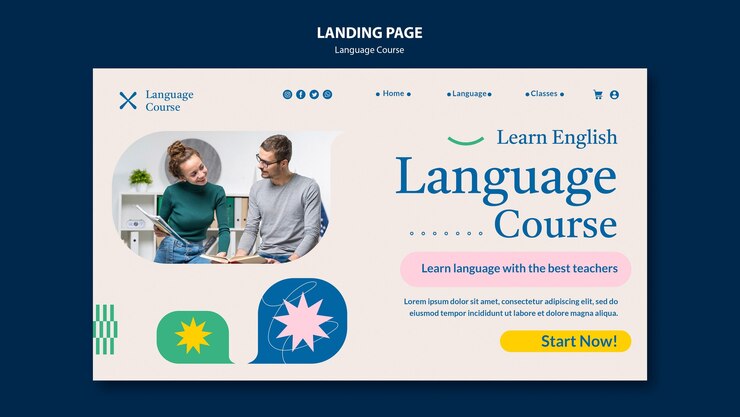 Free PSD language course landing page template with abstract doodles