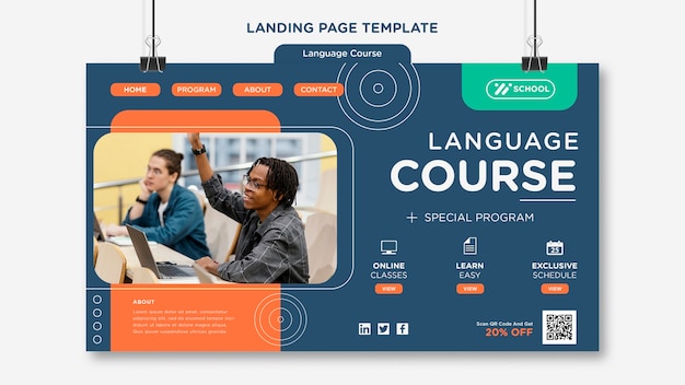 Free PSD language course landing page template with geometric lines