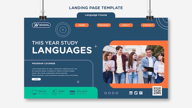 เทมเพลตหน้า Landing Page คอร์สเรียนภาษาพร้อมเส้นเรขาคณิต