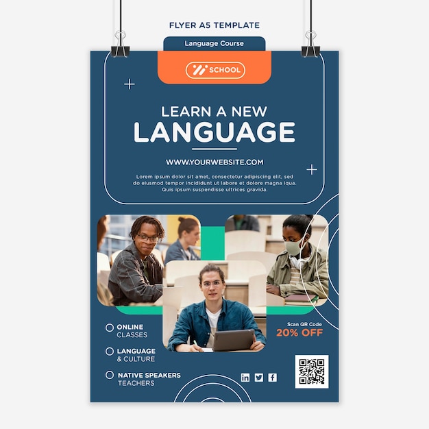Free PSD language course vertical flyer template with geometric lines