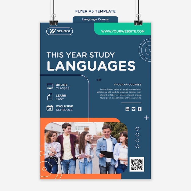 Free PSD language course vertical flyer template with geometric lines