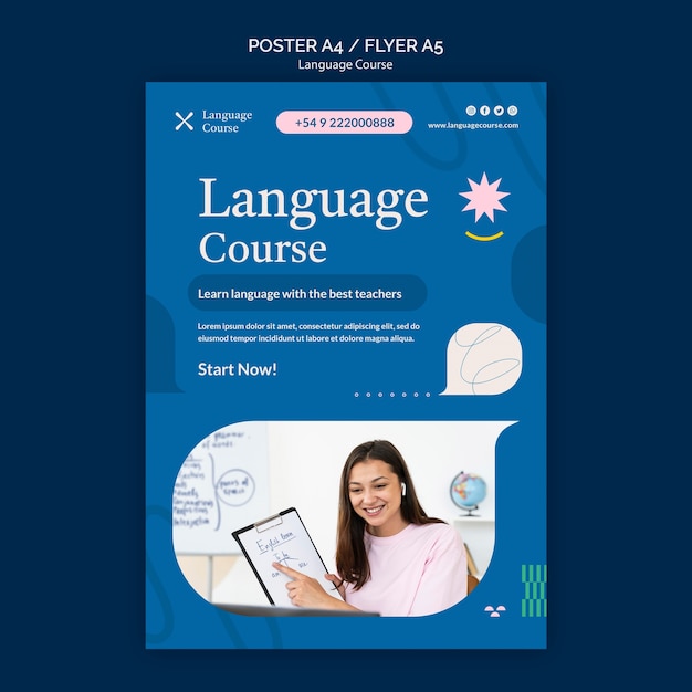 Free PSD language course vertical poster template with abstract doodles