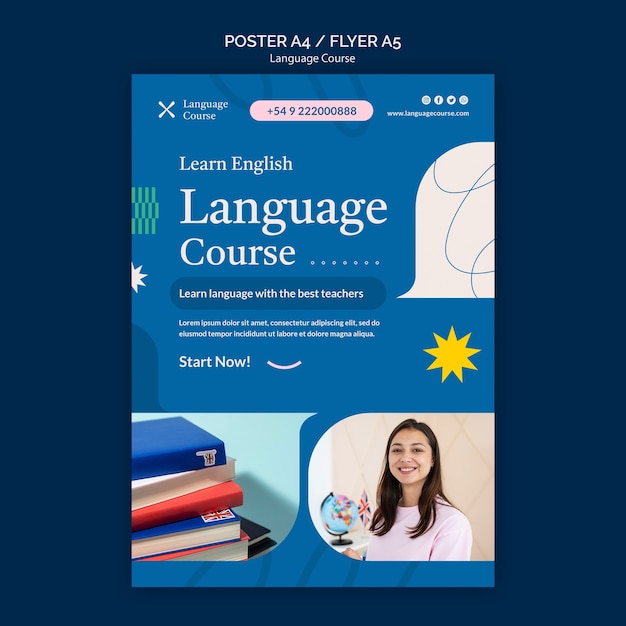 Modello di poster verticale del corso di lingua con scarabocchi astratti