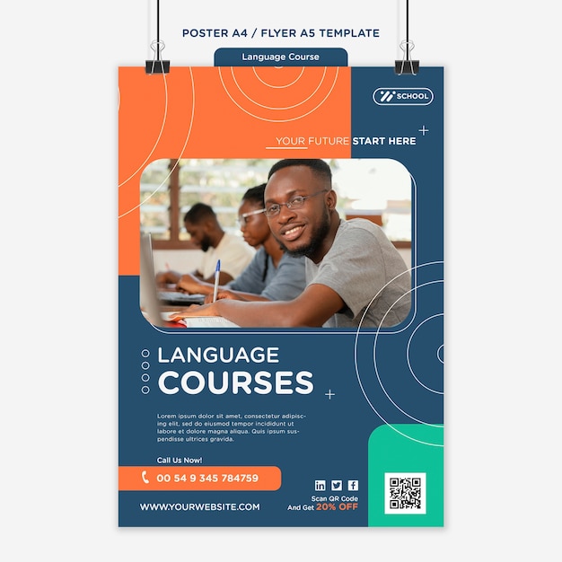 Free PSD language course vertical poster template with geometric lines