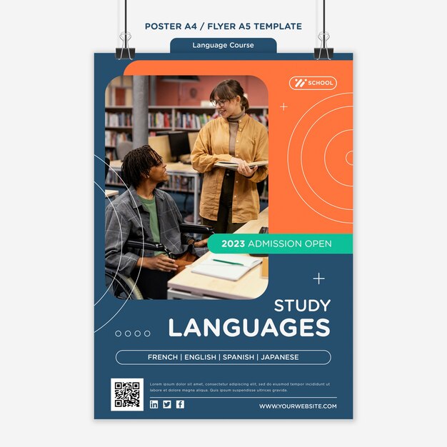 Language course vertical poster template with geometric lines