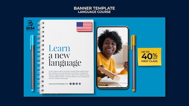 Language courses horizontal banner template with school supplies