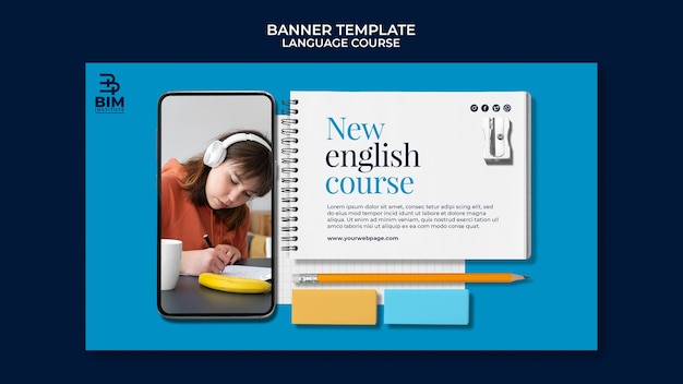 Free PSD language courses horizontal banner template with school supplies