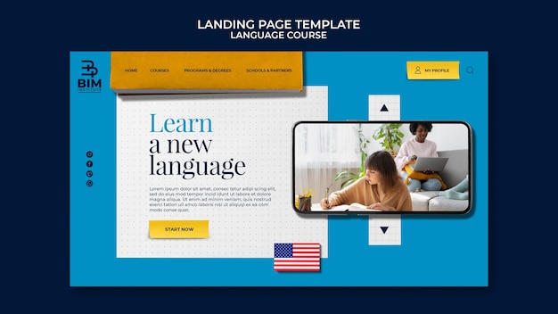 Free PSD language courses landing page template with school supplies