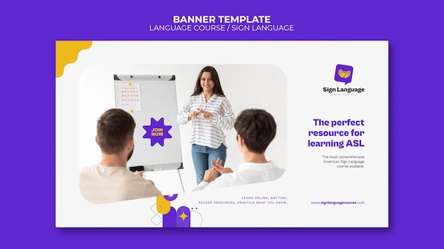 Free PSD language courses and sign language horizontal banner template with abstract shapes