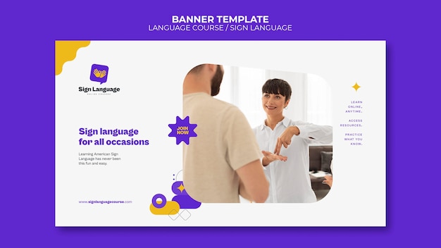 Language courses and sign language horizontal banner template with abstract shapes