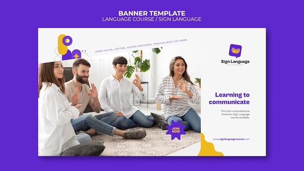 Language courses and sign language horizontal banner template with abstract shapes