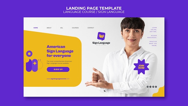 Free PSD language courses and sign language landing page template with abstract shapes