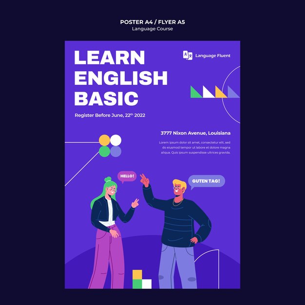 Language courses vertical poster template with people and geometric shapes