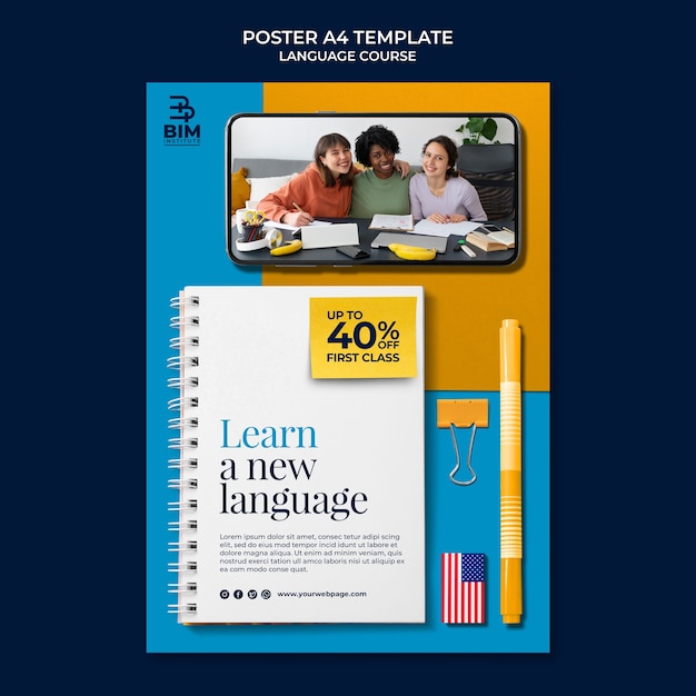 Free PSD language courses vertical poster template with school supplies