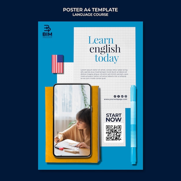 Free PSD language courses vertical poster template with school supplies