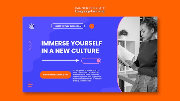 Free PSD language learning horizontal banner template