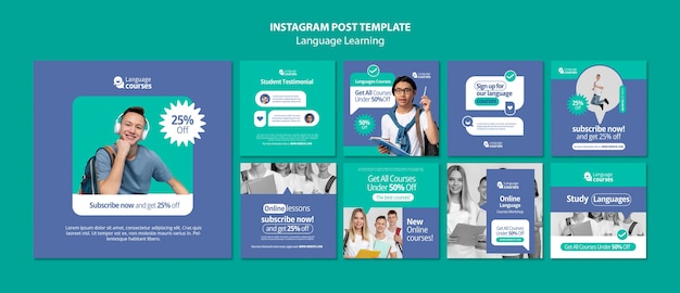 PSD gratuito modello di post di instagram per l'apprendimento delle lingue