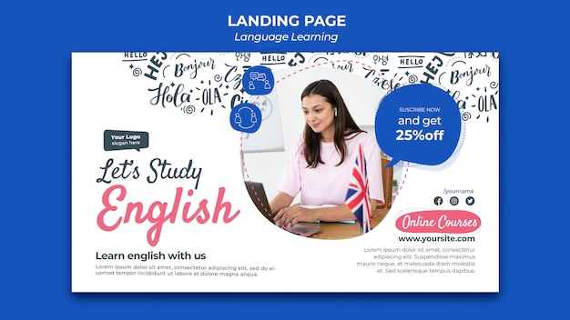 Free PSD language learning landing page design template