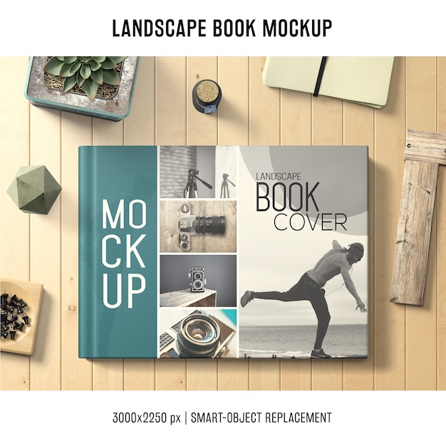 無料PSD lanscapeブックモックアップ