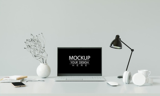 Laptop On Desk In Workspace Mockup