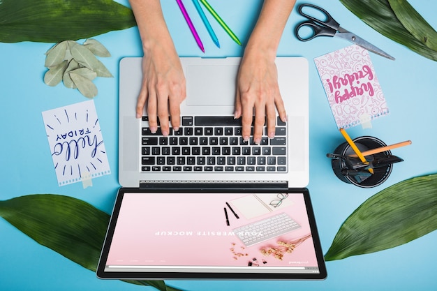 Download Free Psd Laptop Mockup With Person Typing On Keyboard