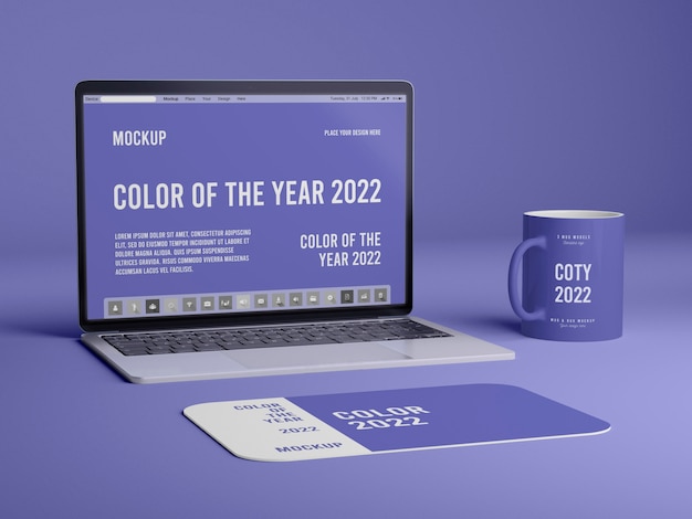 Laptop and office supplies mockup in the color of the year 2022