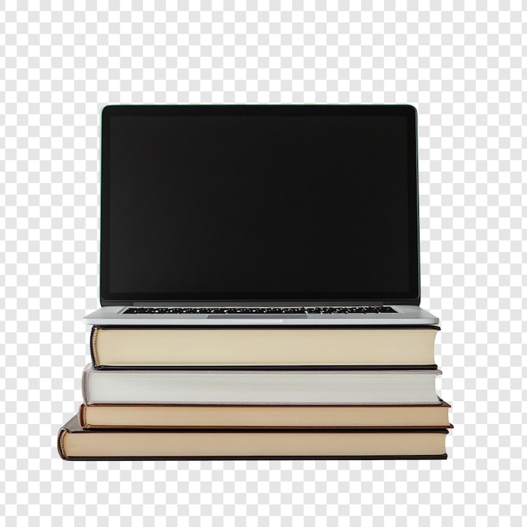 Free PSD laptop on stack of books education and technology