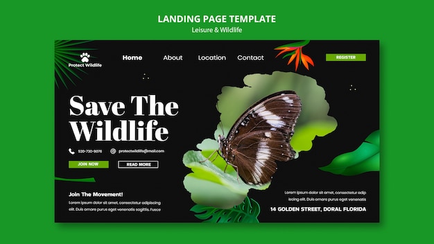 無料PSD レジャーと野生生物のデザインのランディングページテンプレート