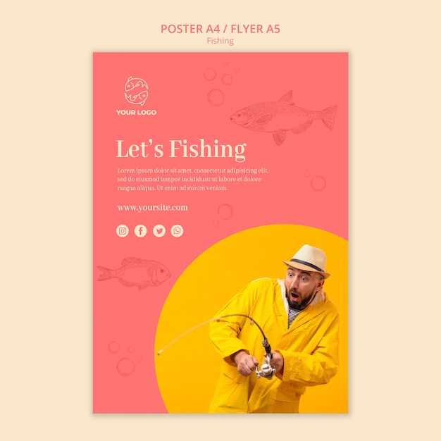 Free PSD let's fishing hobby poster template