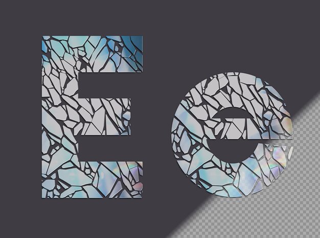 Letter E in upper and lower case made of glass shards