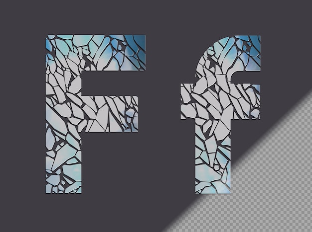 Letter f in upper and lower case made of glass shards