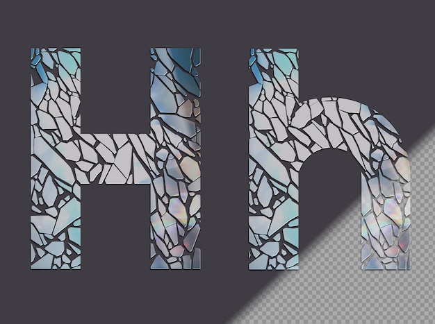 Letter H in upper and lower case made of glass shards