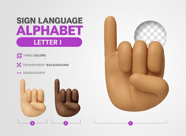 Free PSD letter i in american language sign alphabet 3d render cartoon