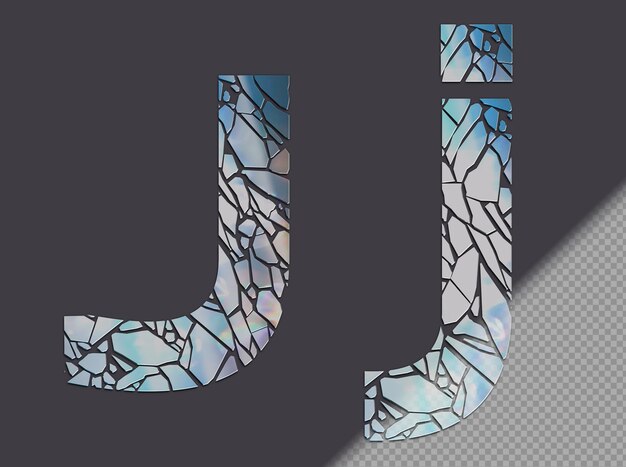 Letter J in upper and lower case made of glass shards